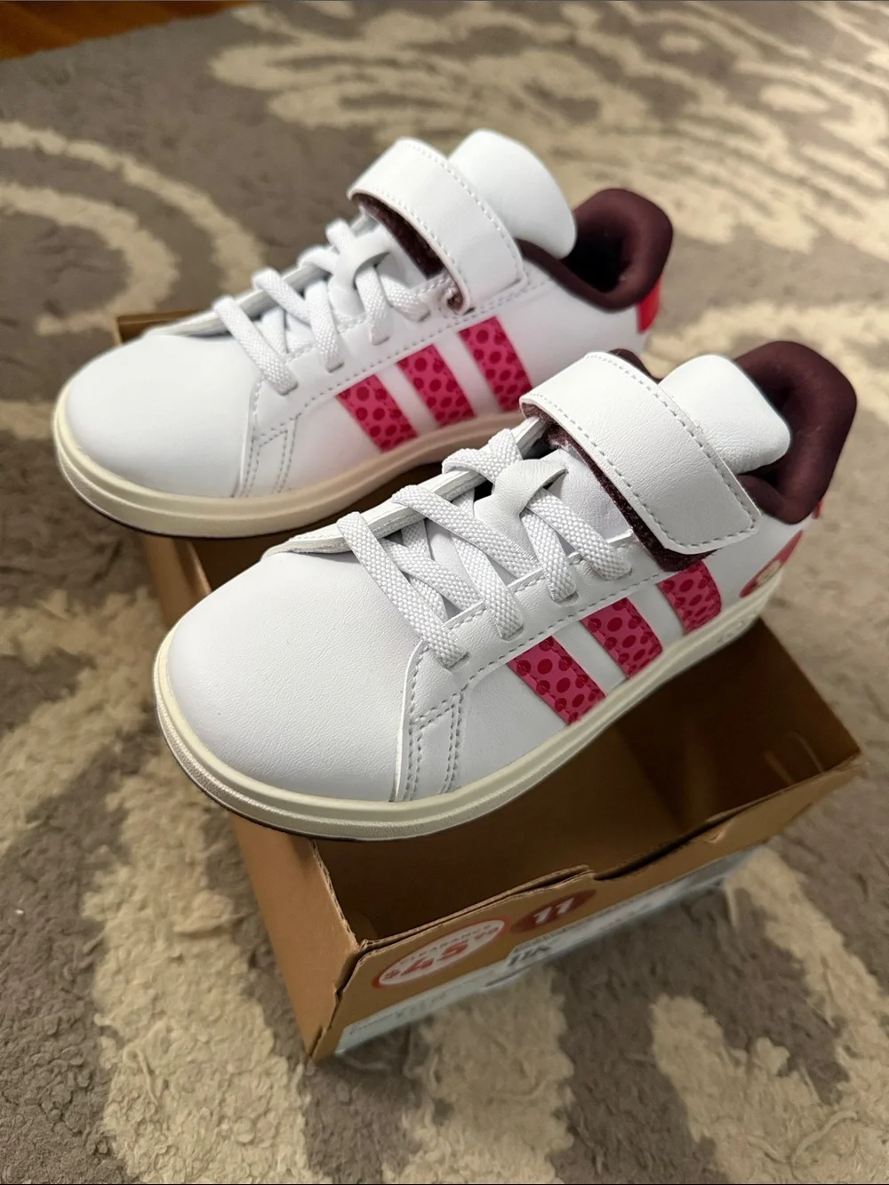 adidas Kids White Sneakers with Pink Polka-Stripe and Minnie Accent